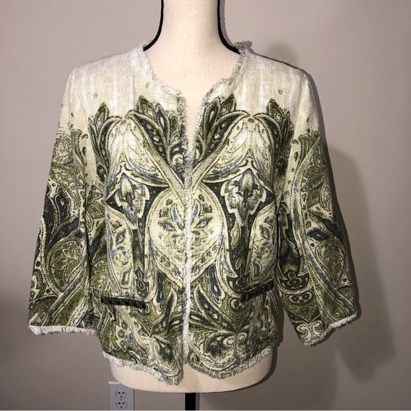 Chicos Jacket Open Front Size 2 Large Woven Textured Green Print Frayed Edges - Picture 1 of 13
